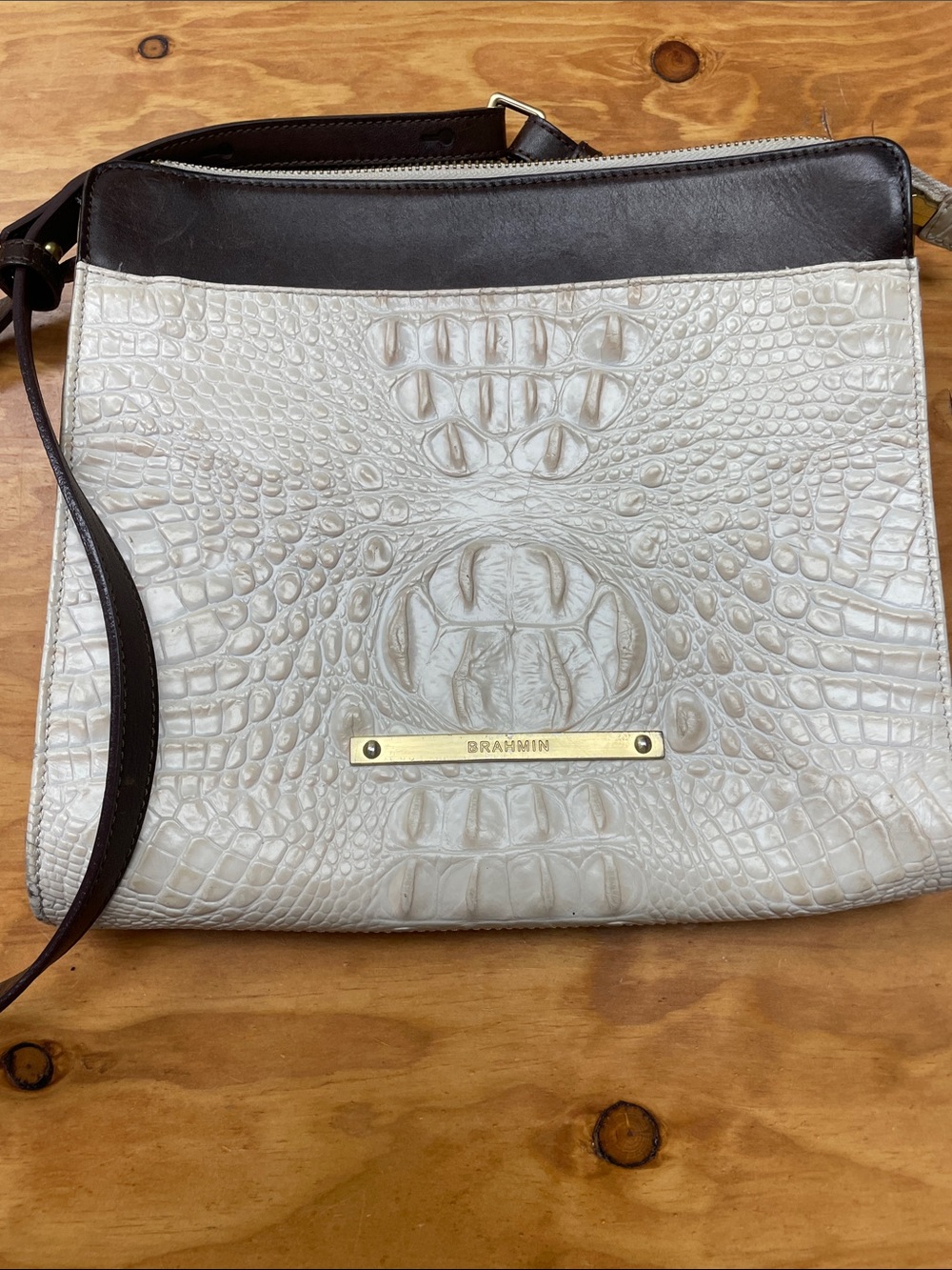 Brahmin Cream Croc-Embossed Leather Crossbody with Dark Brown Trim
